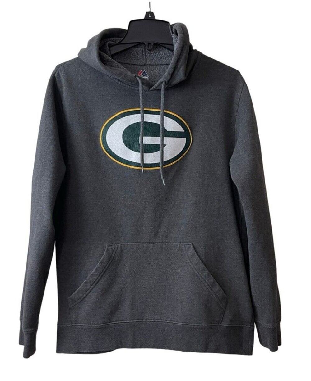 Majestic Green Bay Packers Hoodie Mens Medium Gray Sweatshirt Drawstring Logo